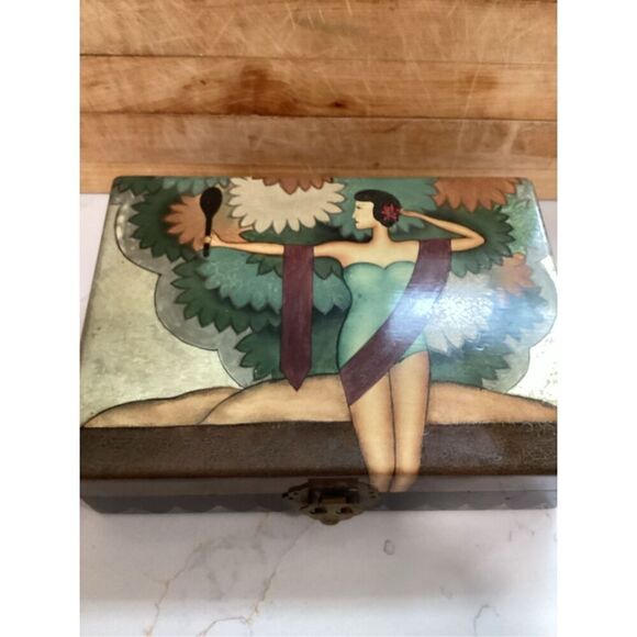 Vintage Art Nouveau Wood Lacquer Jewelry Box  AMAZING Graphics - Picture 1 of 11